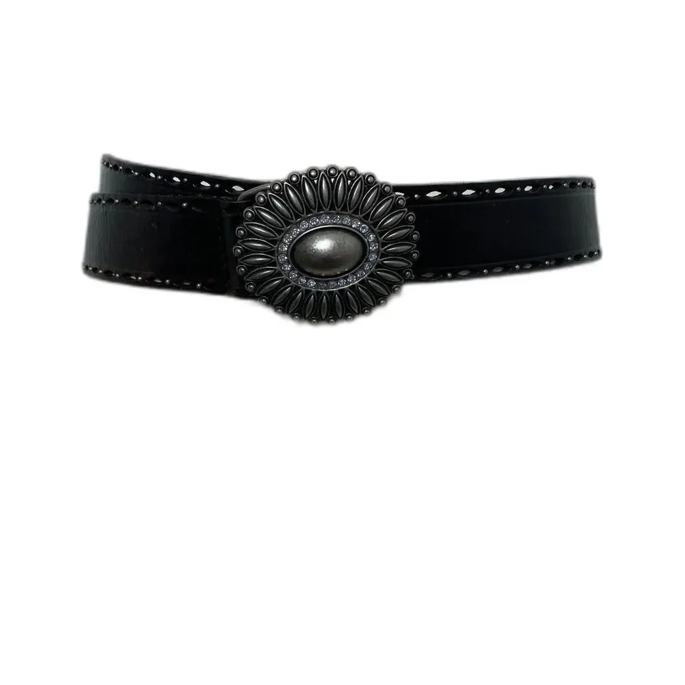 Fossil Brown Leather Belt Rhinestone Accents Western Style Metal Buckle Sz S